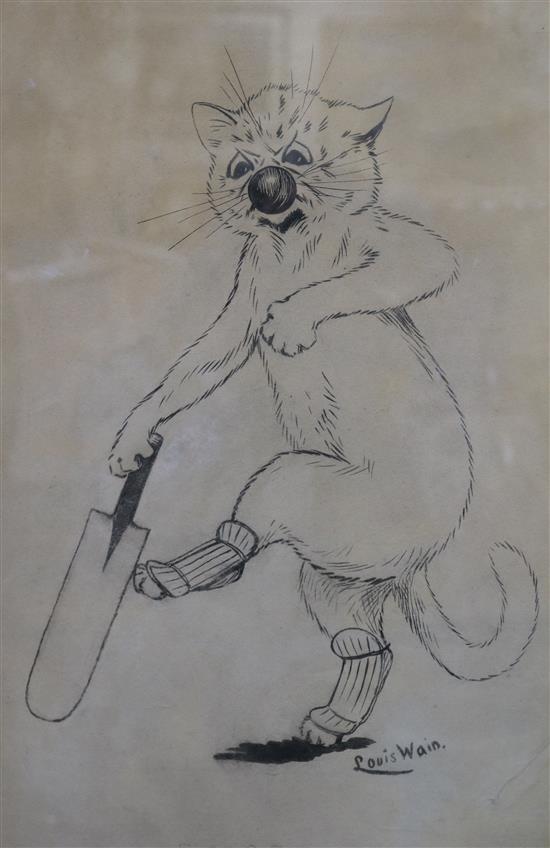 Attributed to Louis Wain Scored, cats playing cricket 18 x 11in.